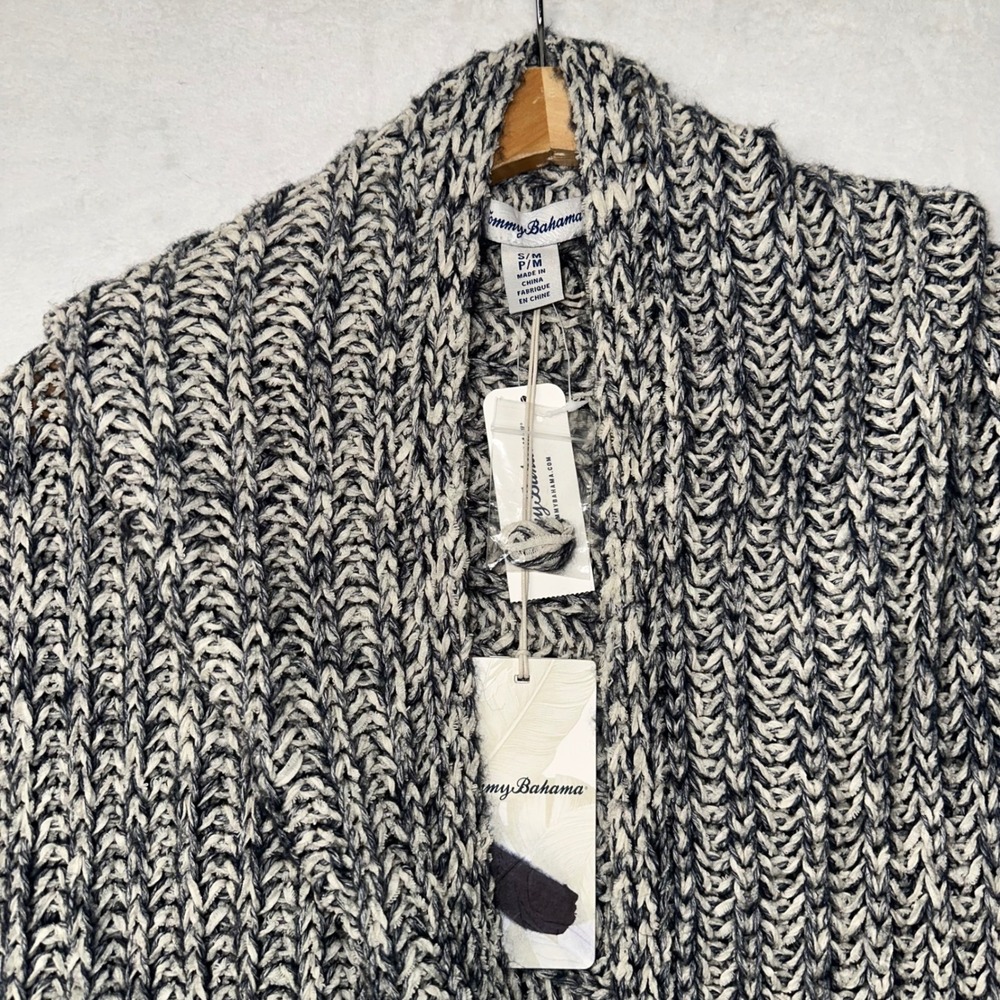 Tommy Bahama Womens Cardigan S/M Gray Cream Knit Chunky Oversized Sweater